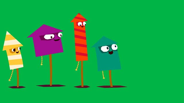 Festive 2d animated cartoon animation of colorful fireworks rockets standing on green screen chromakey background. Ideal for celebration, New Year, or party effects. Seamless loop pose.