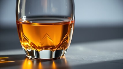 schnapps. Golden schnapps liquid in a crystal glass, light refraction on a dark surface, minimalist style. bar promotions, beverage menus, designed for product packaging and bar promotions.