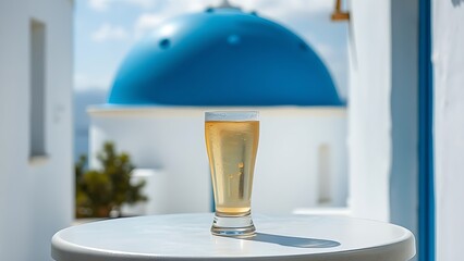 ouzo. Chilled ouzo glass on a table between blue dome and white walls. bar promotions, beverage menus, packaging labels, designed for product packaging and bar promotions, used by copywriters.