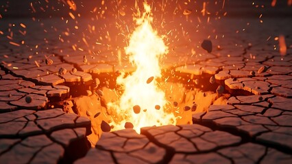 Intense fire burning on dry cracked earth with sparks flying