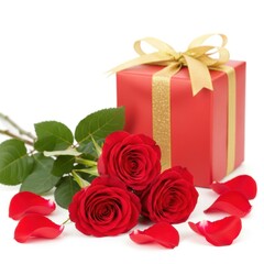 Beautiful red roses and gift box with golden ribbon