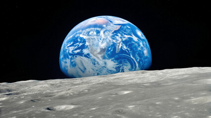 View of Earth from the Moon during a clear and bright day with craters visible on the lunar surface