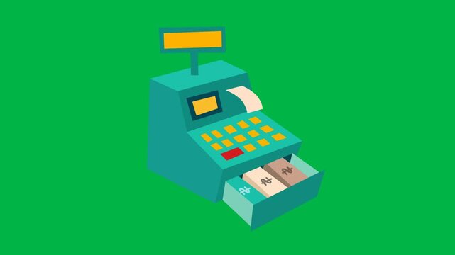 Modern 2d animated cartoon animation of an ATM machine with cash withdrawal on green screen chromakey background. Ideal for banking, money, or finance concepts. Seamless loop.