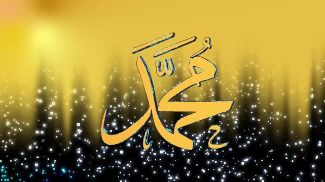3D Gold Arabic Calligraphy of "Muhammad" with Glowing Light Glitter on gold black Background High Resolution Video Animation, Perfect for Islamic holidays and the Prophet's birthday or maulid nabi