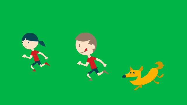 Joyful 2d animated cartoon animation of two kids running happily on green screen chromakey background. Perfect for childhood, play, or friendship scenes. Loopable compositing.