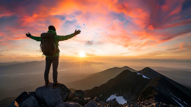 Man standing on mountain peak at sunrise.