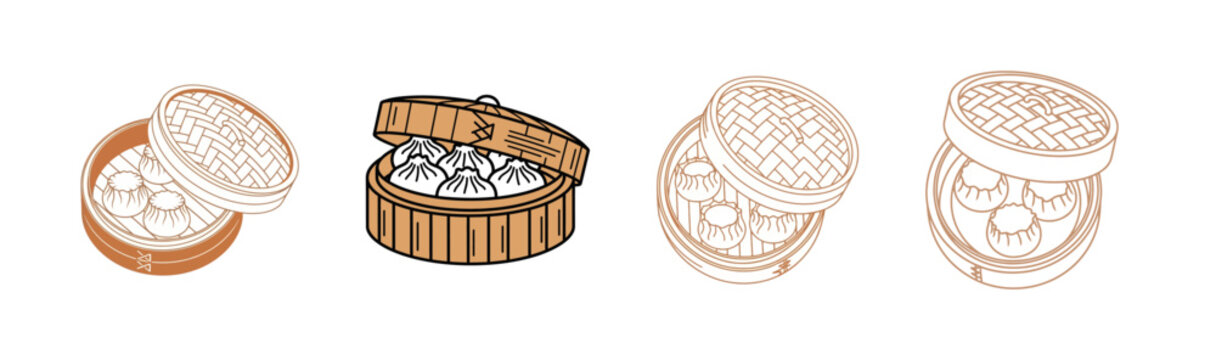 Four illustrations of bamboo steamers, some open with dumplings, others empty, depicting traditional Asian cooking tools.