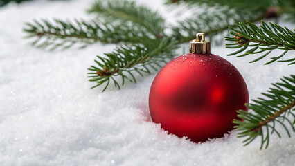 Obraz premium Red ornament resting on snow with pine branches in a winter setting near Christmas time