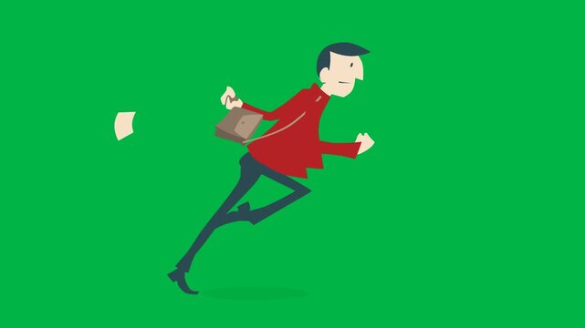 Energetic 2d animated cartoon animation of businessman running with briefcase on green screen chromakey background. Great for work, late, or corporate rush effects. Loopable.