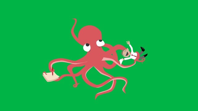 Playful 2d animated cartoon animation of pink octopus juggling items on green screen chromakey background. Great for circus, skill, or humorous animal overlays. Loopable compositing.