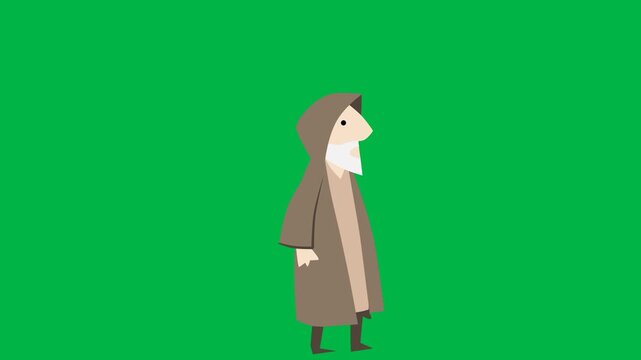 Mysterious 2d animated cartoon animation of old wizard with staff casting spell on green screen chromakey background. Perfect for magic or fantasy character scenes. Seamless loop.