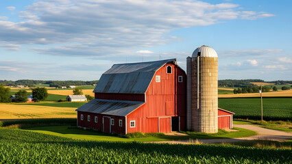 Traditional rural barn with silo in a peaceful countryside agricultural environment