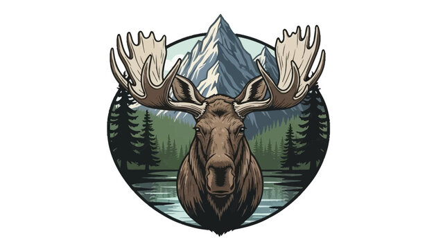Moose elk head in forest with mountains lake vector illustration isolated on white background
