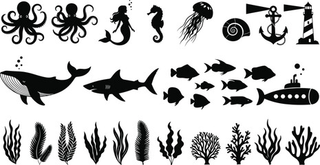 Sea life silhouettes set, underwater ocean animals collection, octopus whale shark fish icons, marine nature graphic, cad drawing flat vector illustration © MstJahanara