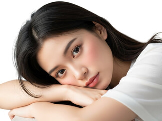 Young woman resting her head isolated on transparent background