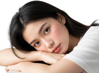 Young woman resting her head isolated on transparent background