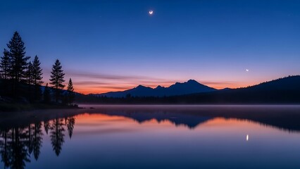 Serene lake at dusk with mountains.