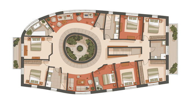 Modern building floor plan with central garden and multiple rooms