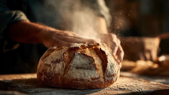 Baker hand with fresh hot artisan sourdough bread. Satisfying homemade baking moment featuring steaming, rustic crusty loaf and warm vapor rising from golden crust
