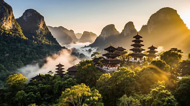 Sunrise over Misty Karst Peaks with a Traditional Chinese Pagoda in the Lush Forest Valley