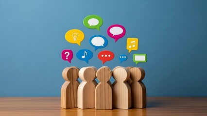 Wooden figures with speech bubbles communication.