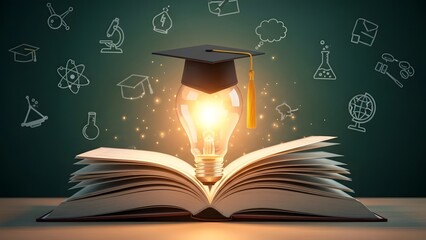Creative Education and Knowledge Innovation Concept with Open Book, Light Bulb, and Learning Inspiration Symbol