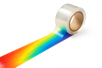 Transparent scotch tape roll featuring a colorful rainbow streak design isolated on transparent background