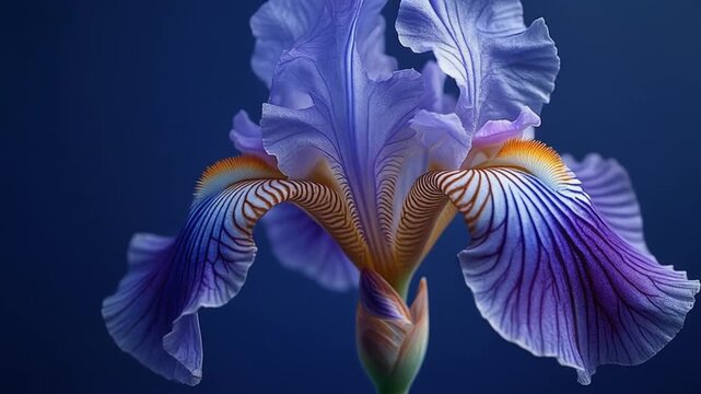 Stunning Closeup Macro shot of a vibrant purple and blue bearded iris flower with intricate petal details against a deep navy blue background perfect for nature and botanical themes