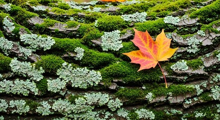 Vibrant orange leaf on mossy stone wall.