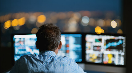 A focused individual meticulously monitors real-time market data on multiple computer screens, the city lights shimmering in the background.