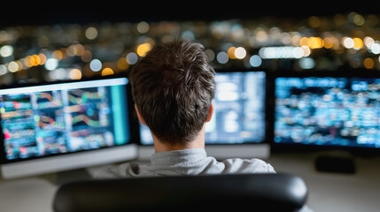 A person intently monitors financial markets on multiple screens, analyzing data in a focused environment illuminated by the city lights.