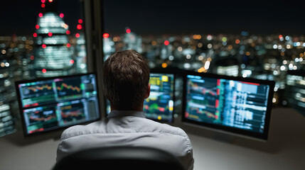 An executive monitors real-time market data on multiple screens in a modern skyscraper office, overseeing a panoramic cityscape at night.