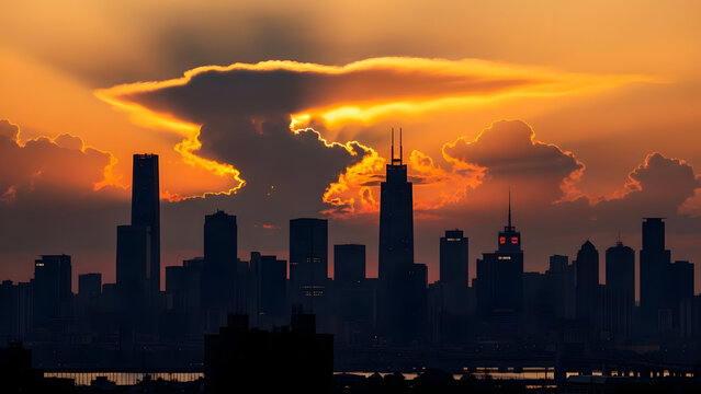 A city skyline at sunset with a large cloud formation in the sky - Powered by Adobe