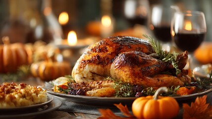 Traditional Thanksgiving feast featuring a roasted turkey centerpiece with pumpkins stuffing and autumn leaf decorations on table.