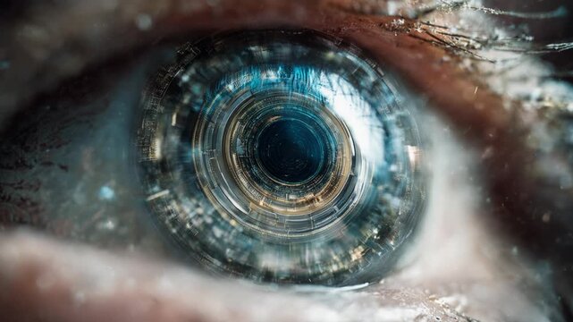 Futuristic bionic eye macro close up with cybernetic robot detail. mysterious vision concept representing advanced technology, cosmic consciousness, and artificial intelligence