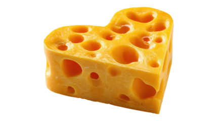 Heart shaped cheese swiss emmental with holes dairy food isolated on transparent