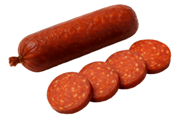 Whole smoked salami sausage with four round slices isolated on transparent background