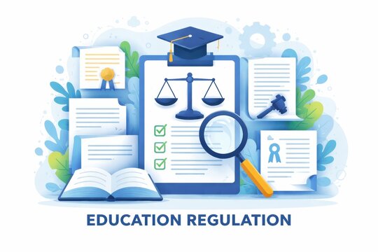 Various documents and symbols represent education regulation, highlighting checks and balances necessary for maintaining standards in institutions.