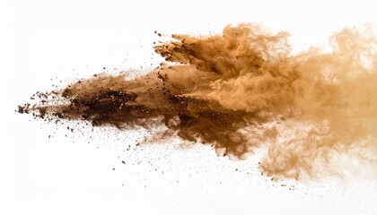 A burst of brown powder disperses mid-air against a white background, forming a dynamic cloud with varying shades and particle density, capturing motion, texture, and abstract visual impact.
