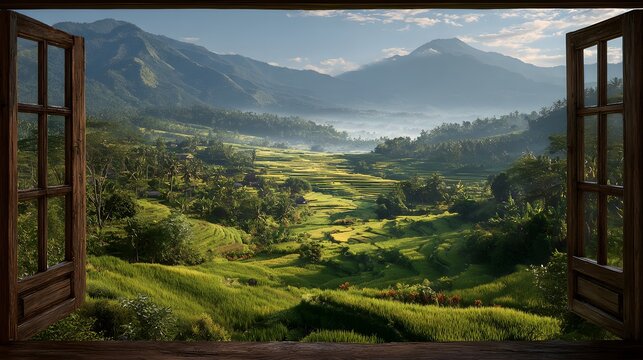 View through an open rustic wooden window looking out at lush green terraced rice fields and distant mountains in morning mist scenery.