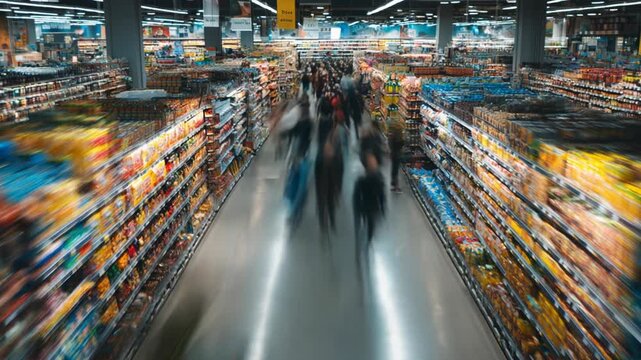 Dynamic motion blur captures people shopping in vibrant supermarket aisle from high angle. Crowded grocery store creates fast, hectic feeling of modern retail consumerism