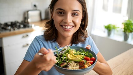 Smiling Woman Enjoying a Healthy Bowl in a Bright Kitchen
