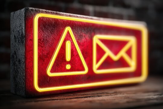 Email inbox alert warns users about potential spam virus threats with a vivid neon display highlighting critical security information - Powered by Adobe