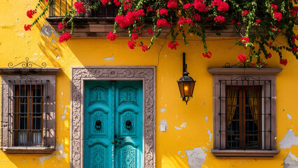 A vibrant yellow house with a bright blue door and red flowers hanging above it