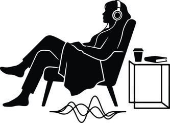 Woman Relaxing Headphones Audiobook Podcast Cozy Silhouette