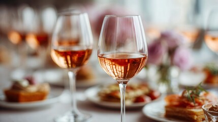 Naklejka premium Elegant rose wine glasses on a table with appetizers, ready to be enjoyed