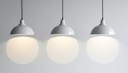 Three pendant lights hang from the ceiling—two brass and one white—casting soft glows and overlapping patterns on the wall, forming a symmetrical, modern lighting composition against a teal backdrop.