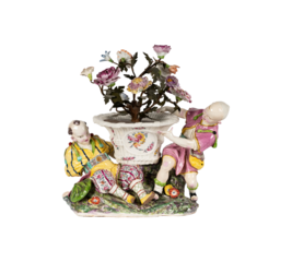 Antique Porcelain Figurine: Cherubs with Floral Arrangement. Rococo Decorative Ceramic Ornament. PNG