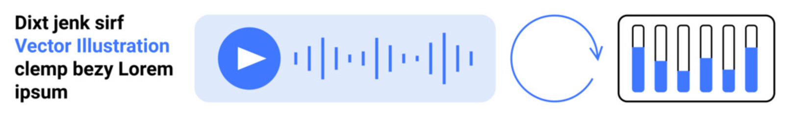 Play button beside sound waveform, circular arrow signaling loop, and adjustable bars. Ideal for audio editing, podcasting, music creation, technology, playlist design, media controls simple landing