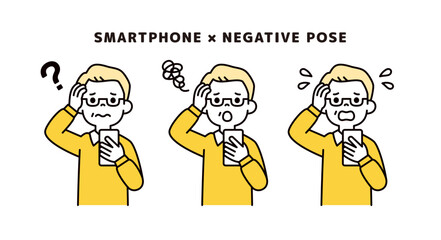 スマートフォンを見て頭を抱える、おじいさん・高齢男性の上半身ベクターイラスト素材セット